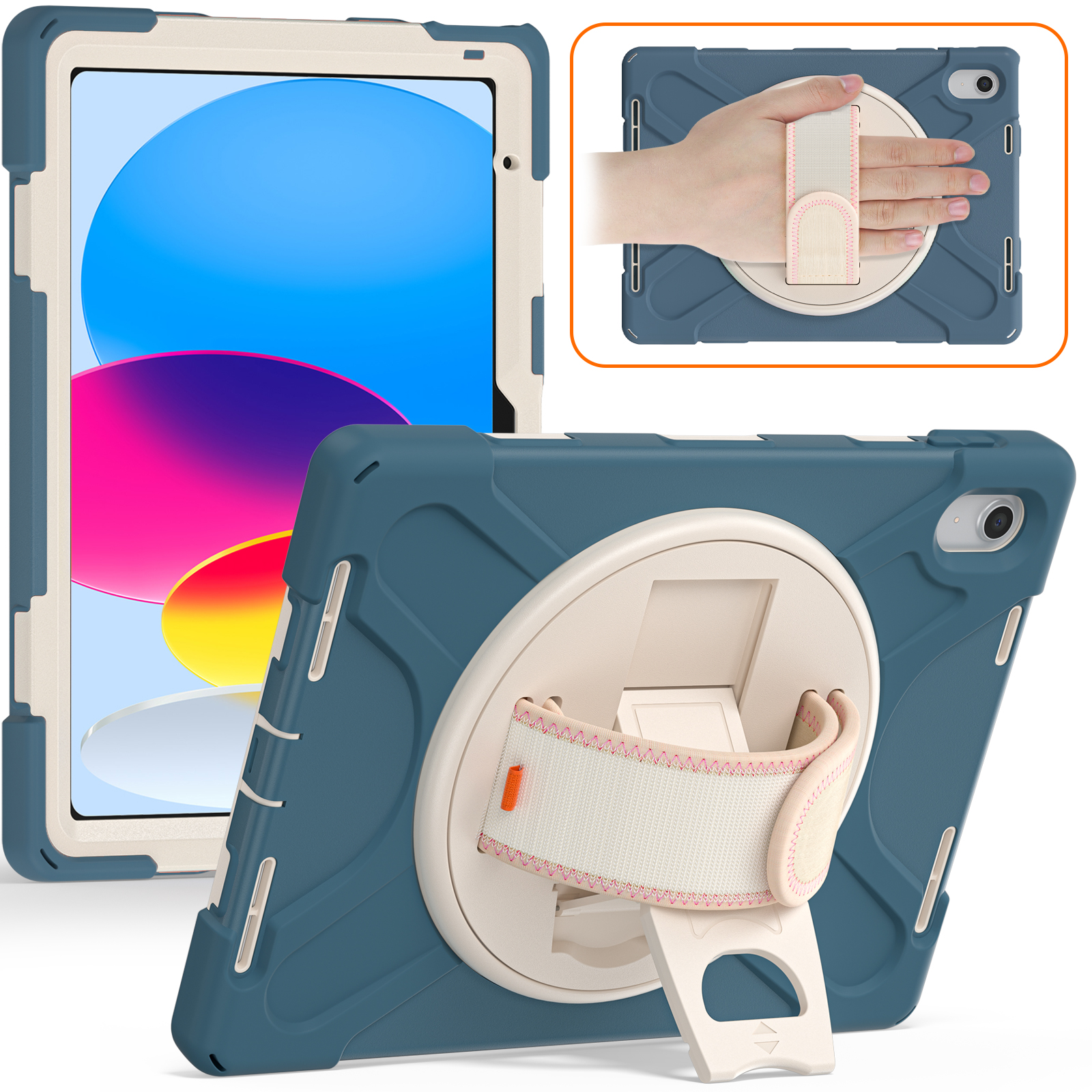 For iPad 10th Gen 10.9 inch Tablet Case 360 Rotating Stand Cover Shockproof Kid Safe PC + Silicon Hybrid Full Protection Cases with Hand Belt Shoulder