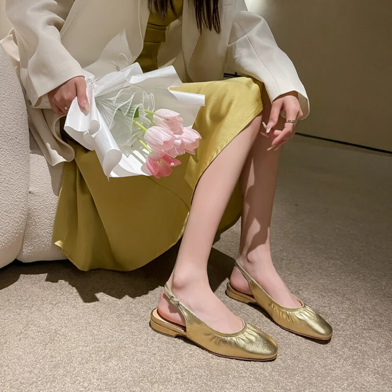 Ochanmeb Genuine 2025 Leather Women's Slingback new Flats Designer Gold Sier Pleated Buckle Strap Shoes Flat Sandals Woman 33-42