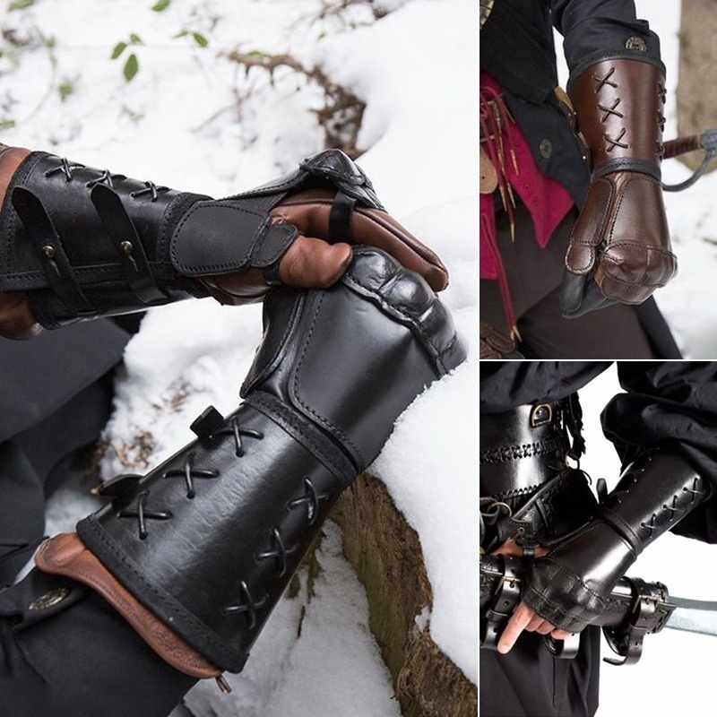 Vintage Samurai Leather Armor Bracer Steampunk Medieval Para Hombres Guantes Medieval Armor Gloves for Men Cosplay Props