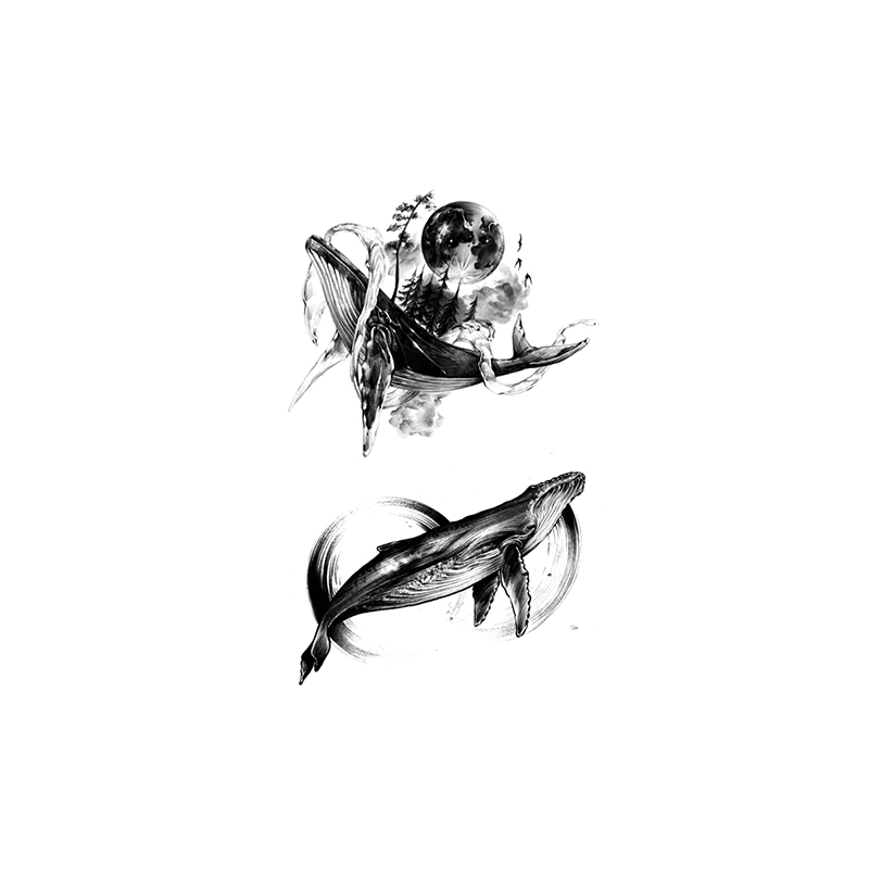 Whale Wave Waterproof Temporary Tattoo Sticker Black Earth Forest Fake Tattoos Flash Tatoos Chest Neck Body Art for Women Men