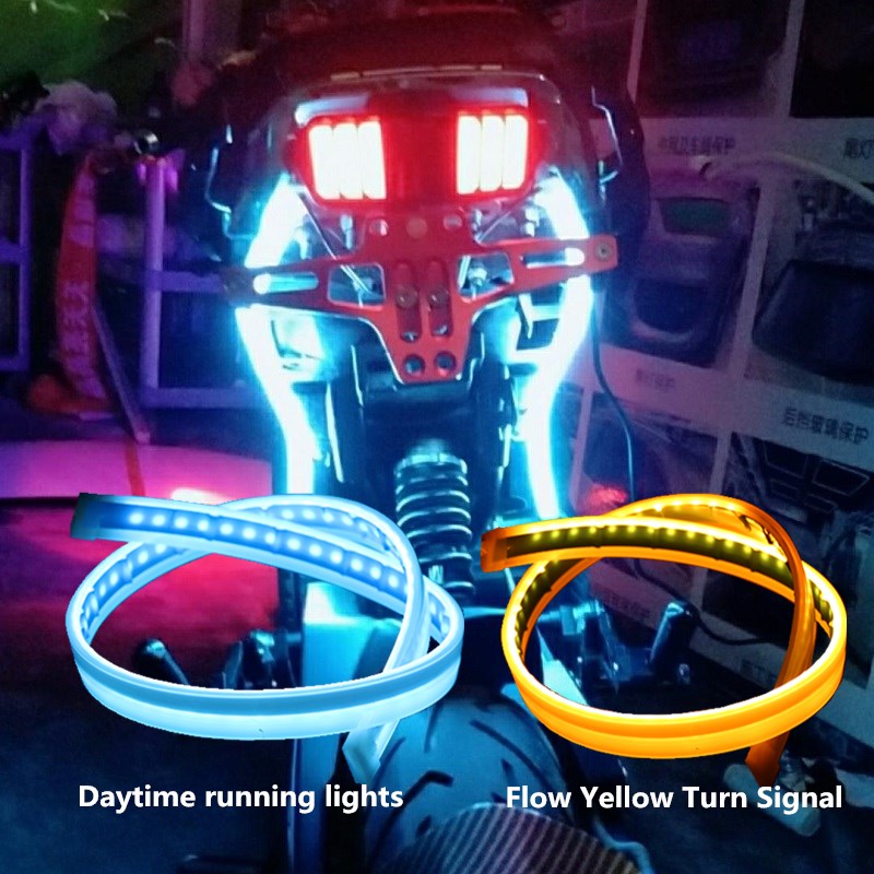 2Pcs Motorcycle DRL Daytime Running Light Waterproof Universal 12V Auto Headlight Sequential Turn Signal Yellow Flow Day Light