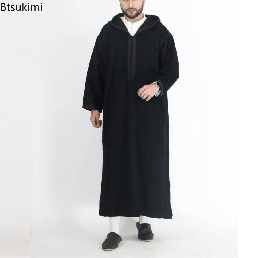 New Muslim Jubba Thobe Clothes Men Hoodie Ramadan Spring Autumn Abaya Dubai Turkey Islamic Clothing Male Casual Loose Red Stripe