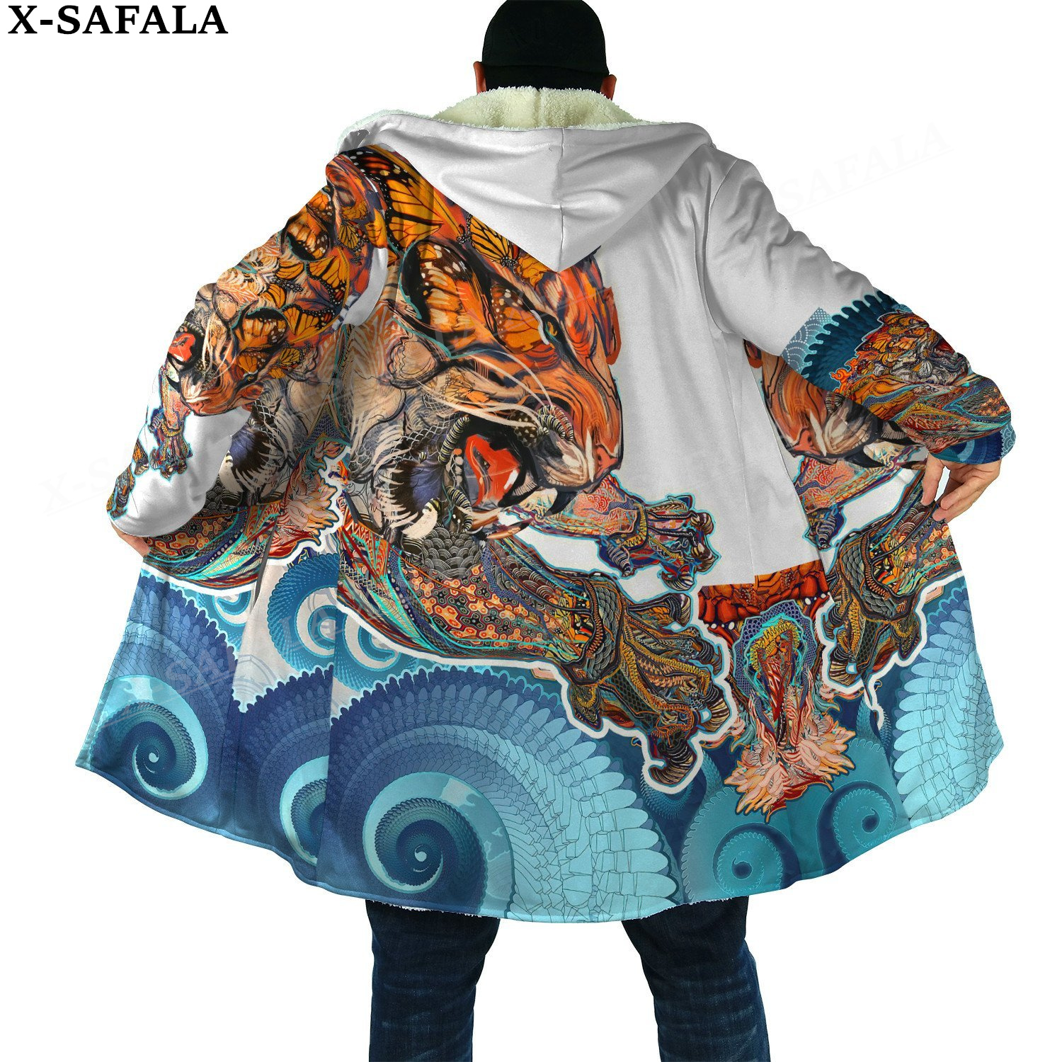 Japan Ninja Warrior Tattoo Samurai Masks Overcoat Coat Printed Thick Warm Hooded Cloak for Men Windproof Fleece Unisex Casual-1