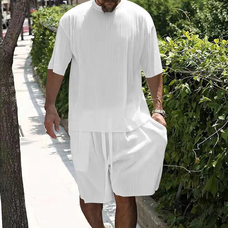 Spring Summer Casual Mens Striped Two Piece Set Clothing Short Sleeve O Neck T Shirt Shorts Suit Men Fashion Streetwear 240518