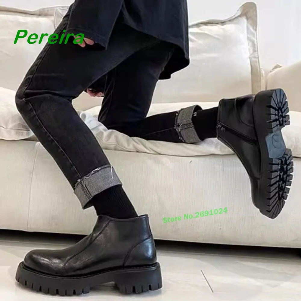 Chelsea Boots Men's English Style Casual Versatile Leather Pumps Side Zipper Sleeve Short Booties Black Round Toe Shoes Size 44