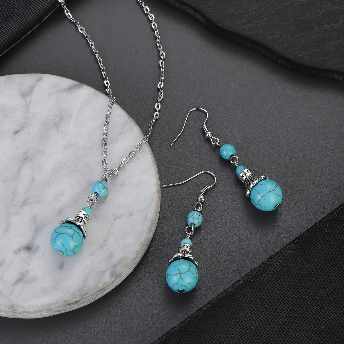 Boho Vintage Natural Stone Green Turquoises Ball Pendant Necklace Choker for Women Water Drop Ethnic Indian Jewelry Set