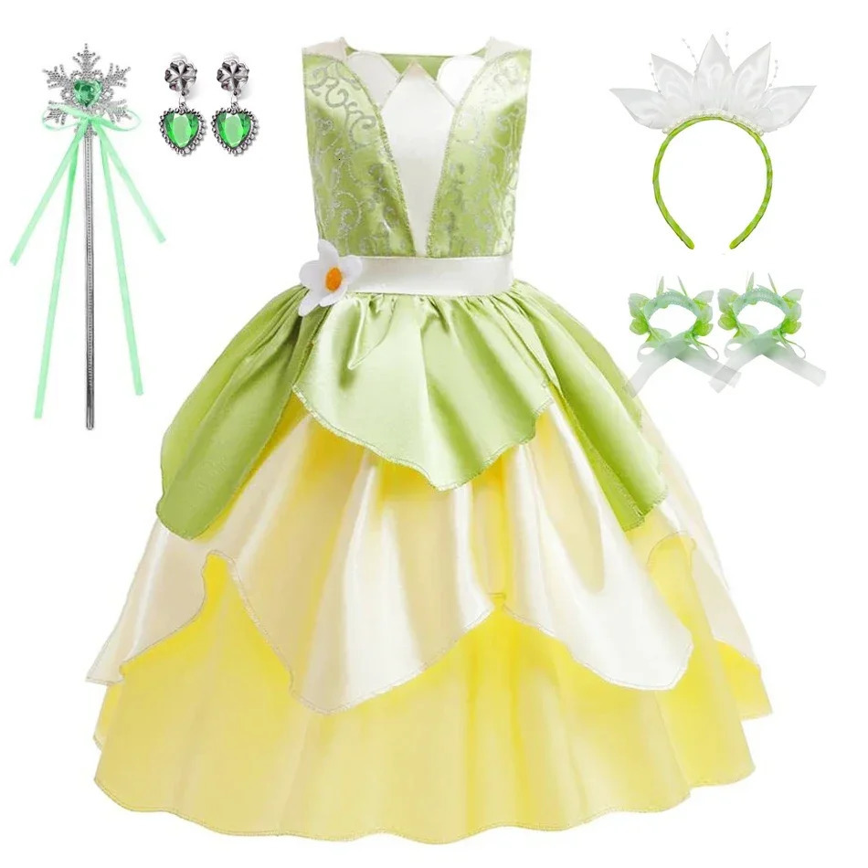 Tiana Costume Girl Dress Up Princess Girls Cosplay Role Playing Party Costumes Children Sleeveless Carnival Princess Dresses 240518