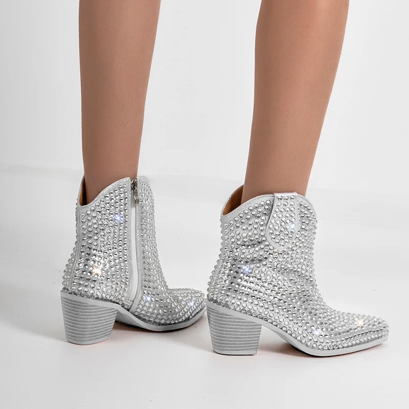Onlymaker Pointed Toe Rhinestone Ankle Boots Glitter Bling Shiny Super Pretty Gorgeous Artificial Diamond Westen Cowgirl Boots