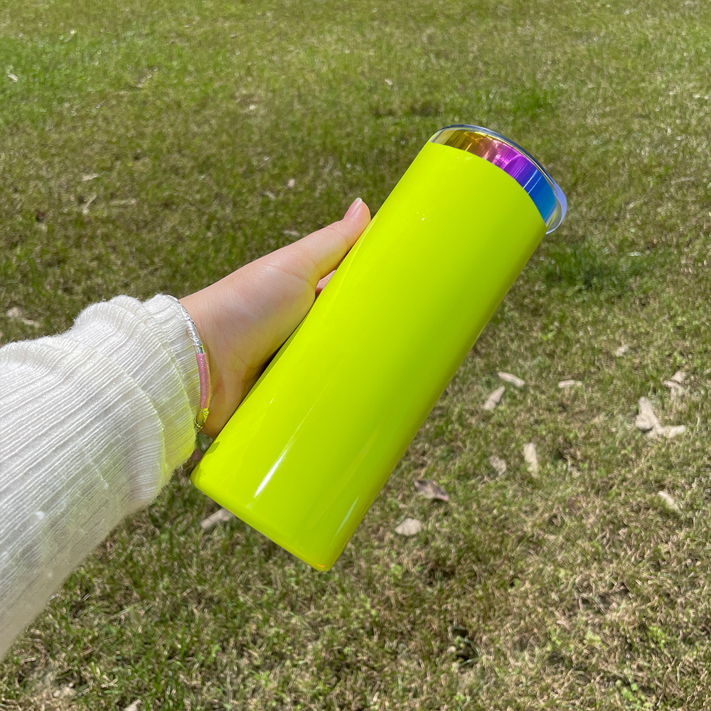 Neon colored 25pack 20oz rainbow underneath stainless steel skinny straight tumbler vacuum insulated mug with colored straw for laser engrave