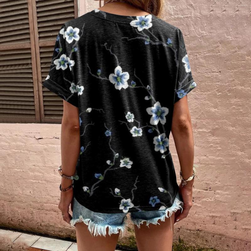 Womens T Shirts Summer Clothes For Shirt Blouse Button Vintage Print Short Sleeve Casual Basic Top Pullover Korean Style Cloth