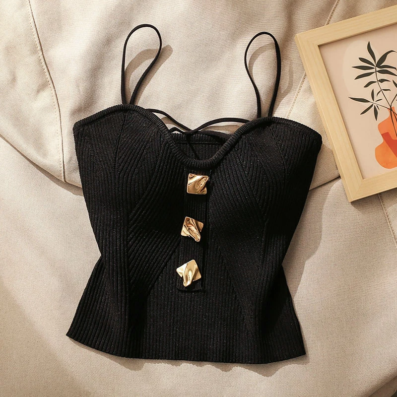 Women's Sexy Knitted Tops Summer Vest French Style Cross-knit Suspender Female White Black Camisole Tank Top Spaghetti Strap