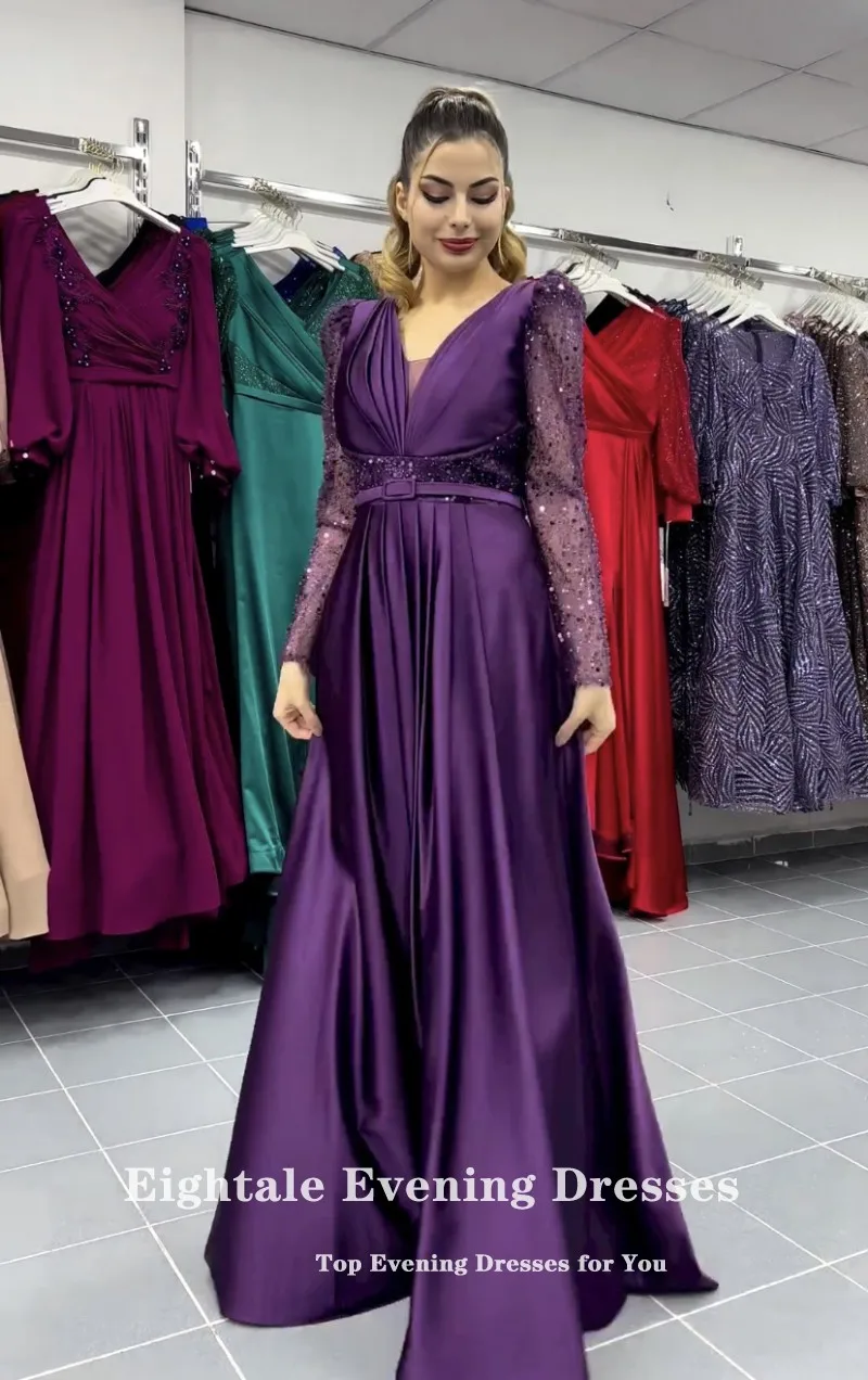Eightale Purple Evening Dresses V-Neck Satin Long Sleeves Sequin A-Line Arabic Prom Wedding Party Gown Vestido De Fiesta