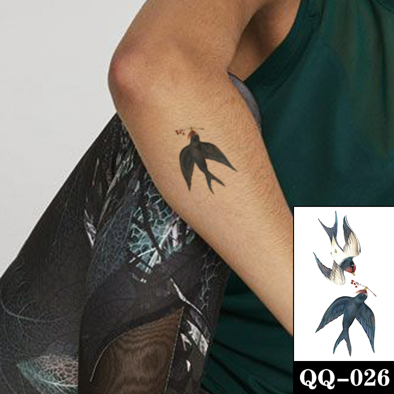 Waterproof Temporary Tattoo Sticker Black Swallow Bird Red Flower Fake Tattoos Flash Tatoos Neck Arm Foot Body Art for Women Men