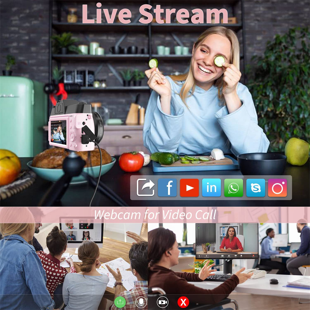 4K HD Pink Color Female Camera Digital Camera Flip Screen Vlog Selfie Camcorder Youtube Livestream WIFI Webcam Macro Photography