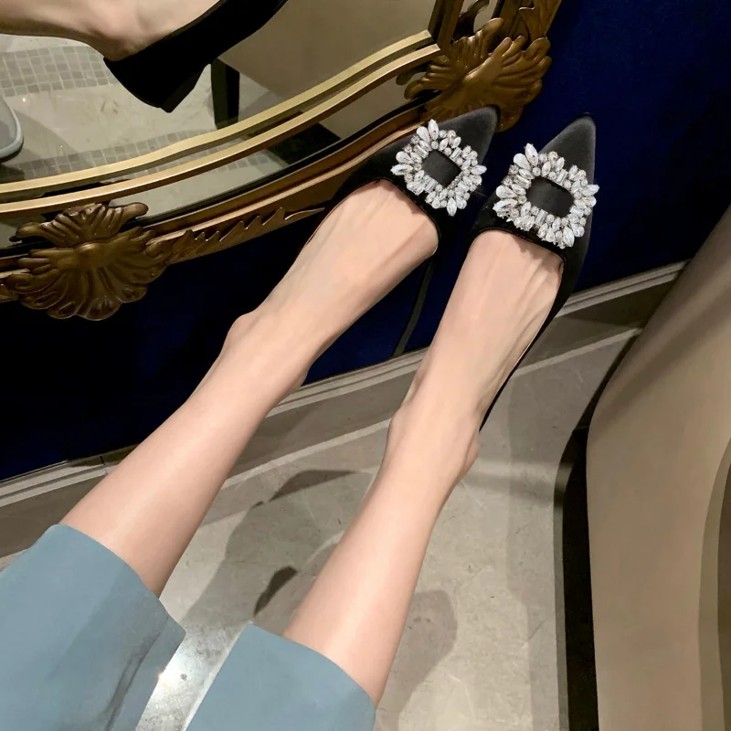 Pointed 2025 Flat Shoes Women's Side Empty Shallow Water Drill new Square Buckle Gentle Temperament Ladies Summer Boutique Women's Shoes