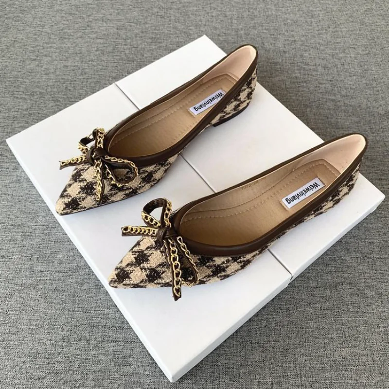 Pointed Flat Women's Shoes 2023 New Houndstooth Bow 2025 Ladies Shoes Comfortable and new Versatile Soft Bottom Four Seasons Work Shoes
