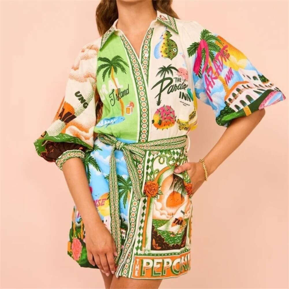 2024 New Versatile Dress Elegant Leisure Printed Shirt Cardigan Style Comfortable Runway Flower Dresses Sexy Aline Ladies Summer Beach Vaction Robe Cl