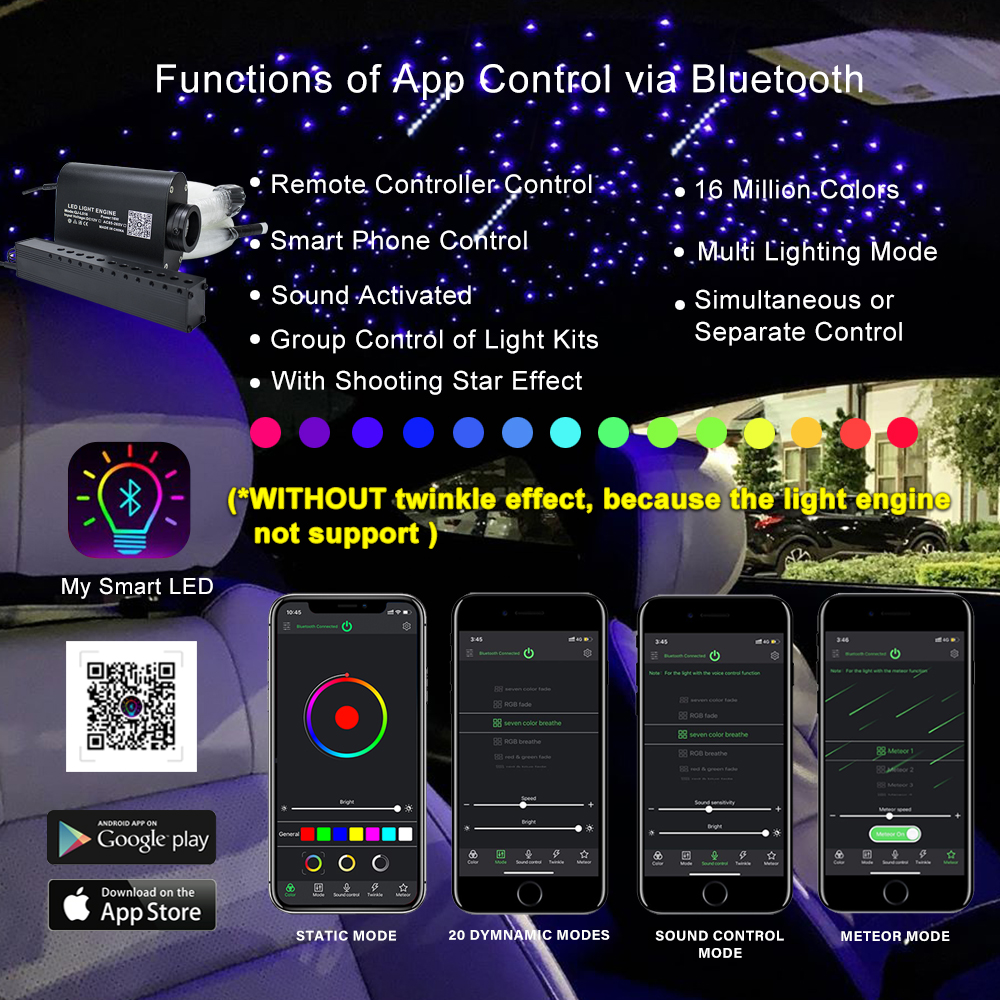 16W Fiber Optic Star Ceiling Light kit app Music Control Car Roof Shooting Star Kit End Glow Cable for Starry Sky Ceiling Lamp