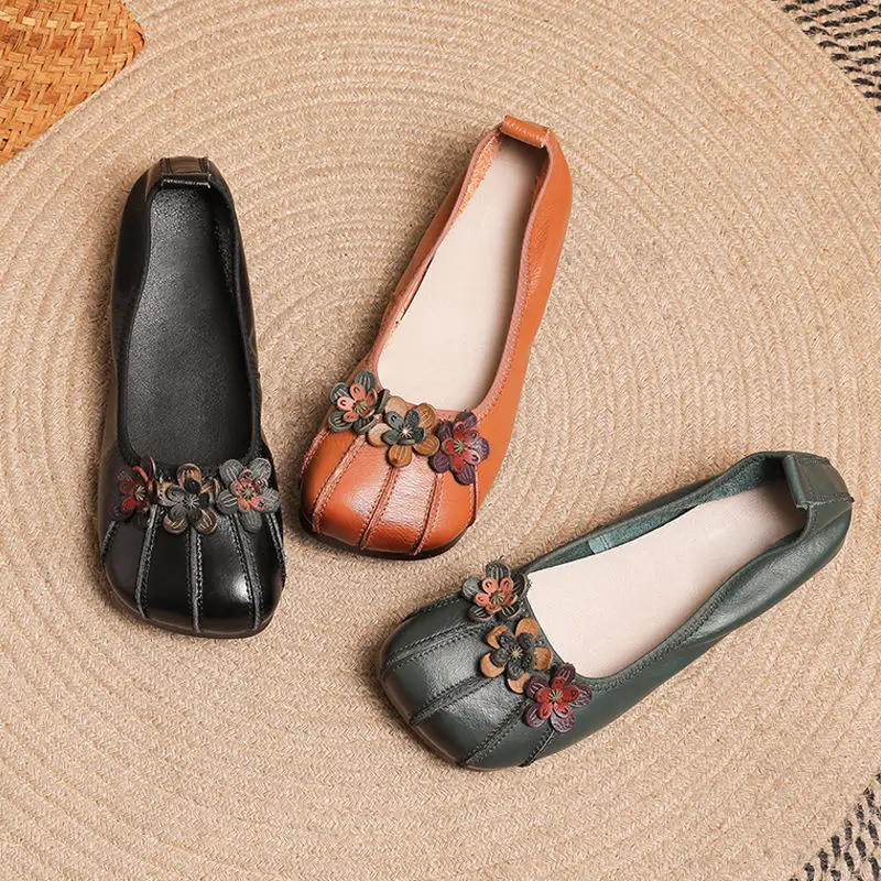 Elder Vintage Floral Ballet Flats Women's new Genuine Leather Shallow Shoes 2025 Mom Driving Loafers Ladies Retro Cozy Green Moccasins