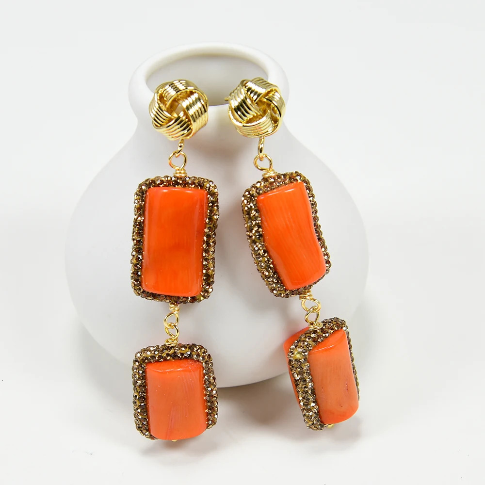 GG Natural Orange Coral Branch Golden Rhinestone CZ Paved Dangle Stud Earrings Jewelry Gifts Handmade For Women Party Gifts 240520