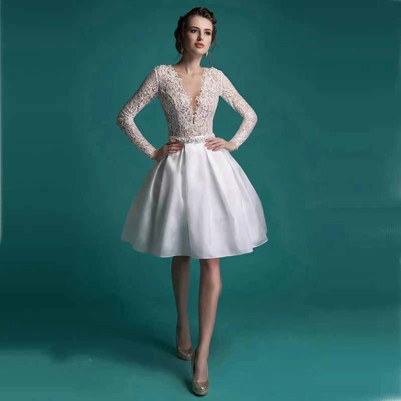 Vestido de noiva Lace Wedding Dress 2024 Short Champagne Tulle Pearls Bride Dresses Knee Length Illusion Back Wedding Gowns