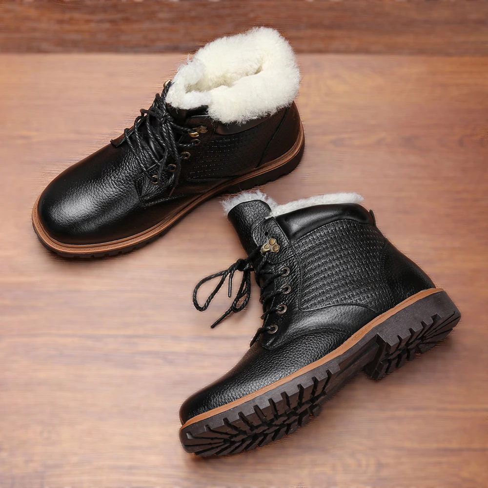 Natural Wool Men Winter Shoes 2024 Natural Cow Leather Super Warm Size 40~47 Winter Boots Non-Slip Snow Boots Men #YM1570