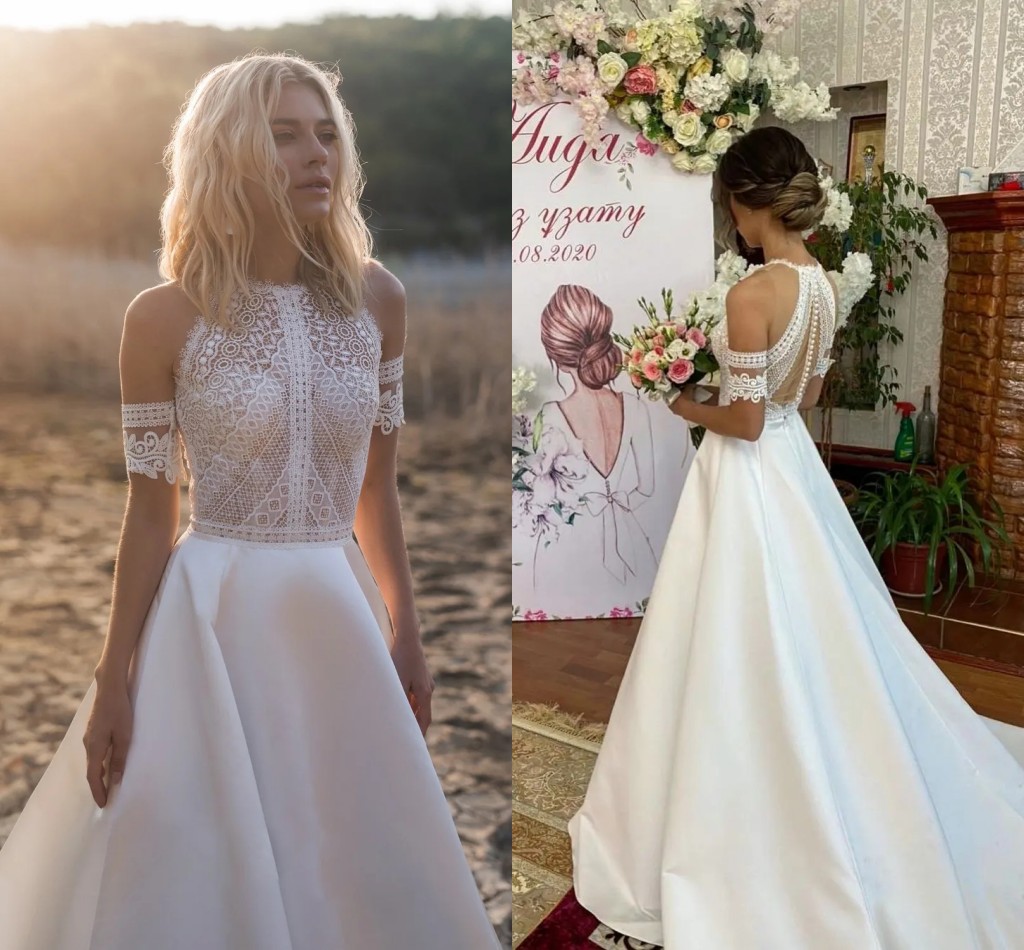 Bohemian Stain Dress Open Back A e Bride Wedding Gowns White Lace Appliques vestido de novia