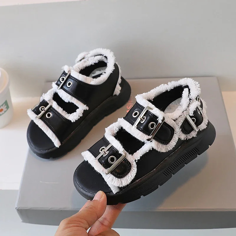 Fashion Children Sandals Buckle Chunky Tassel Summer Girls Beach Sliders Pink Black 26-36 Pu Leather Comfy Kids Shoes Flat 240513