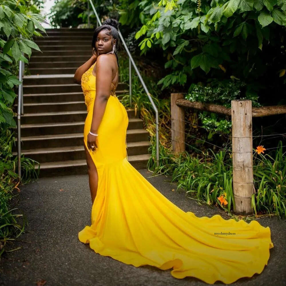 Yellow Mermaid Prom Beaded Appliques Sleeveless High Split Sexy Evening Dress Formal Party Gown Vestidos Para Mujer 0521