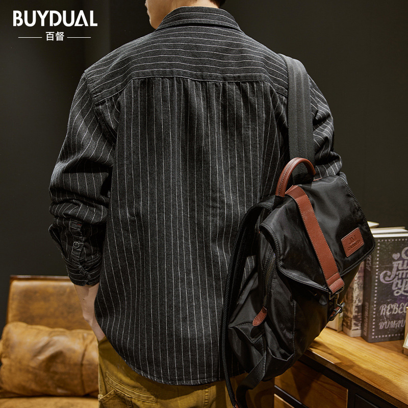 Men's Casual Shirts Bronson Wabash Striped Dotted Work Shirt Traditional Style Men's Work Wear Shoulder Straps Indigo 230408