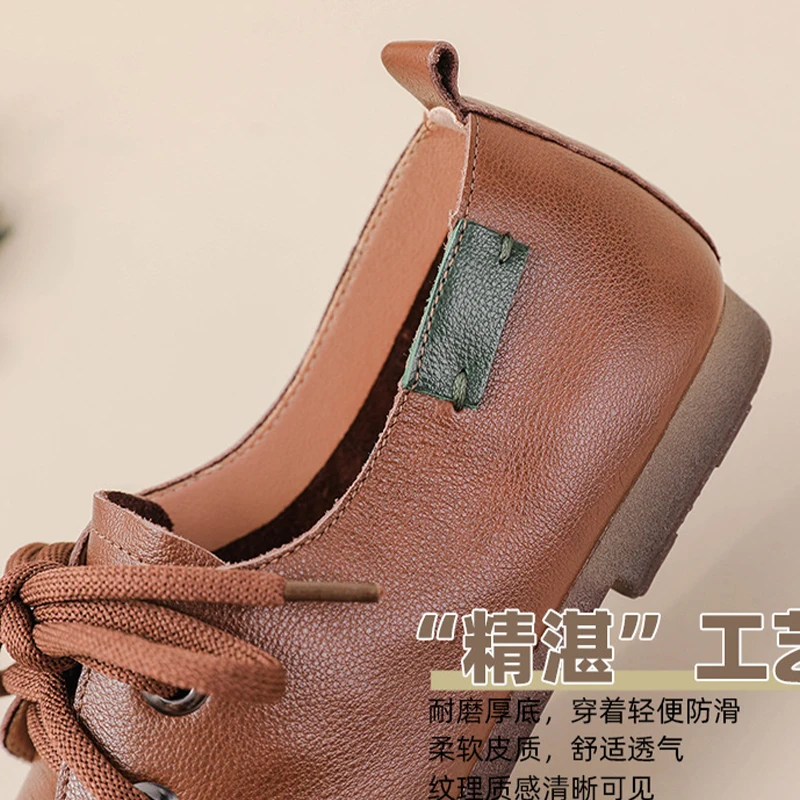 Vintage Plain Oxfords Shoes Women's Genuine 2025 Leather Flats new Ladies Lace Up Moccasins Woman Ballet Shoes Driving Loafers Elderly