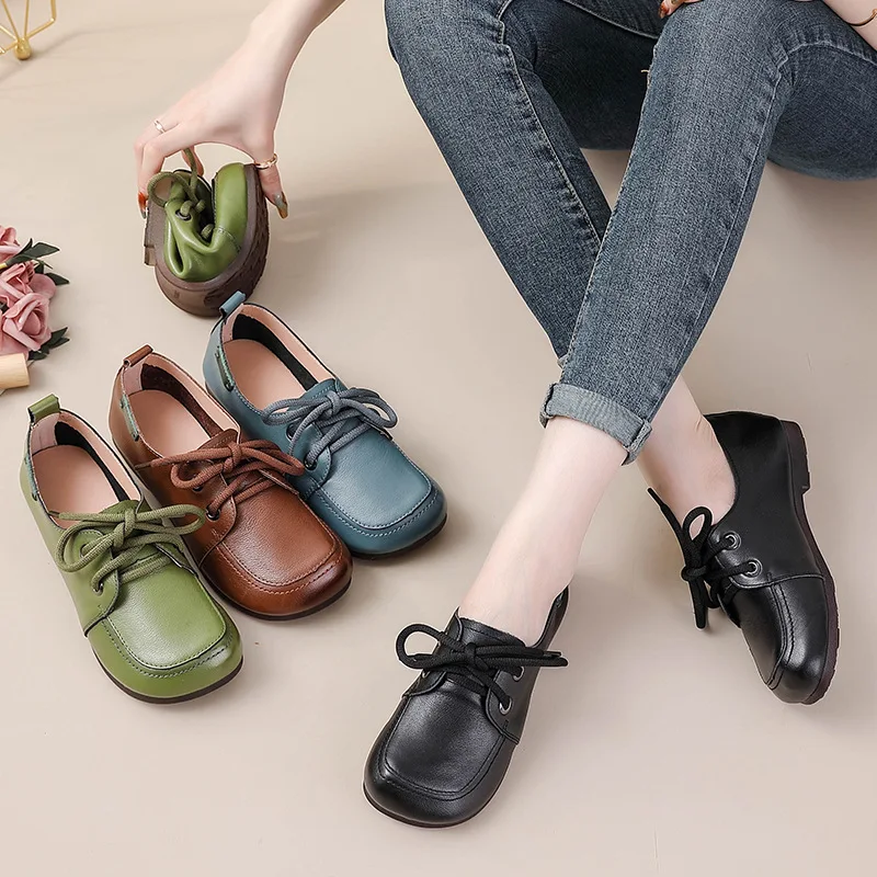 Vintage Plain Oxfords Shoes Women's Genuine 2025 Leather Flats new Ladies Lace Up Moccasins Woman Ballet Shoes Driving Loafers Elderly