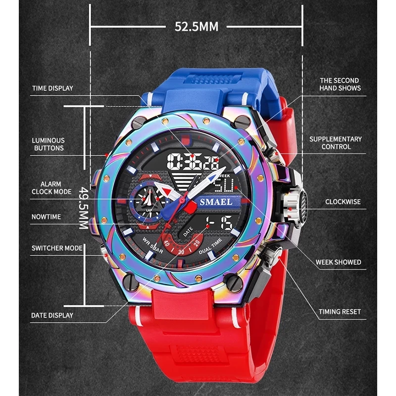 Quartz Watch For Men SMAEL Wristwatches Watcholorful Red Bracelet 50M 2025 Waterproof Alarm Clock Analog Digitals new 8060 Sport Watches