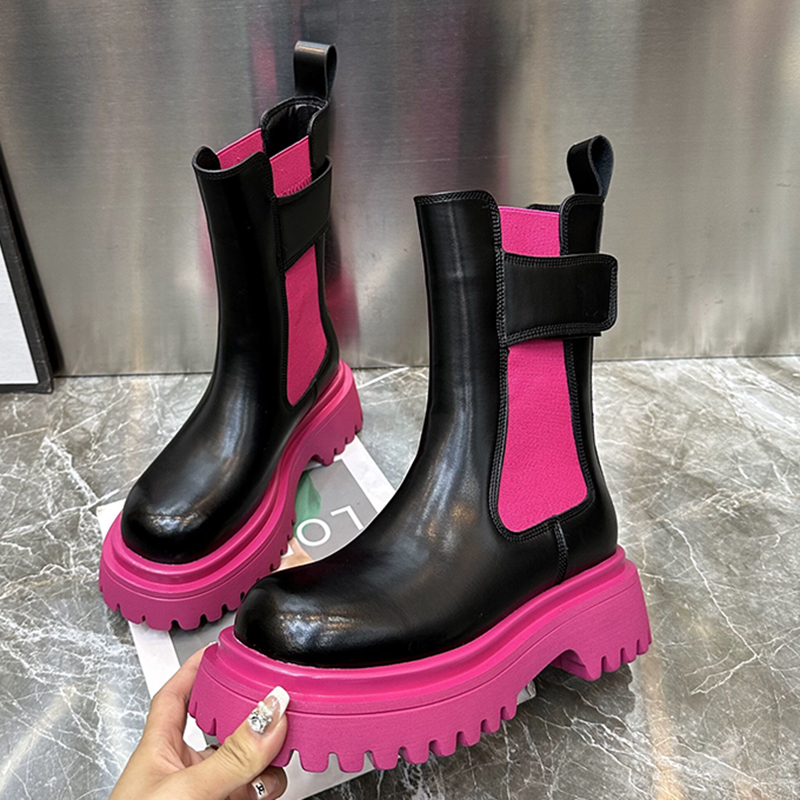 Women's Chunky Platform Ankle Boots 2023 Autumn Mix Color Thick Bottom Booties Woman Slip On Pu Leather Motorcycle Shoes