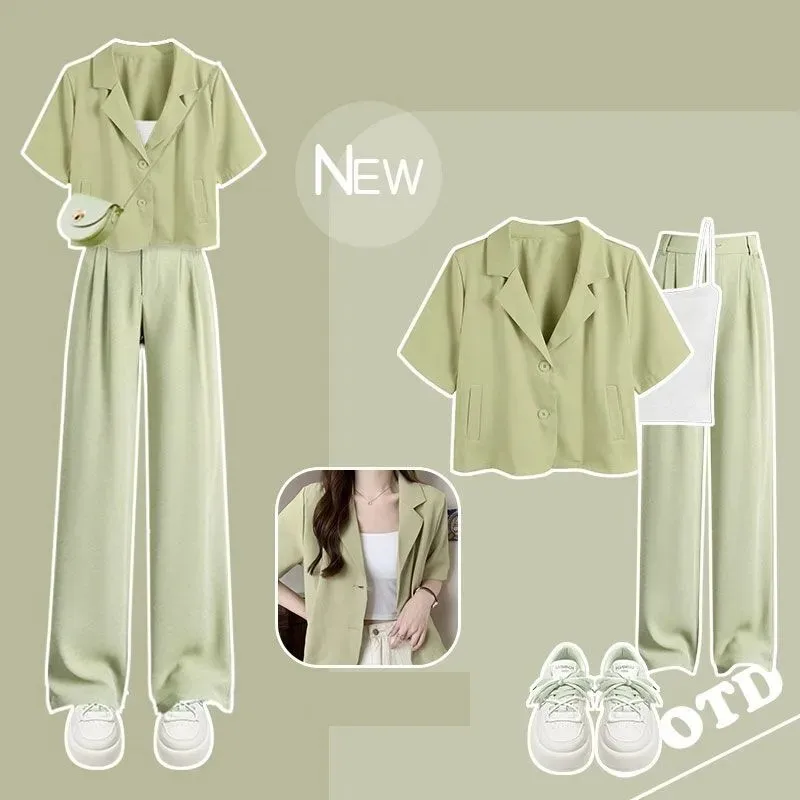 Women's 2025 Summer Suit 2023 New Chic Short Sleeved new Suit Coat+Sling+Pants Three Piece Korean Elegant Casual Blazer Matching Suit