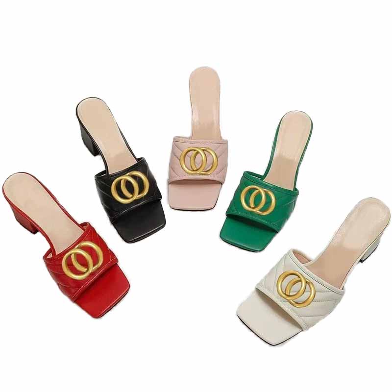 Classic designer women beach Half slippers 100% leather Thick heels Metal Slides cowhide summer woman shoes Lazy Sandals High heeled shoe Large size 34-38-41-42 With box