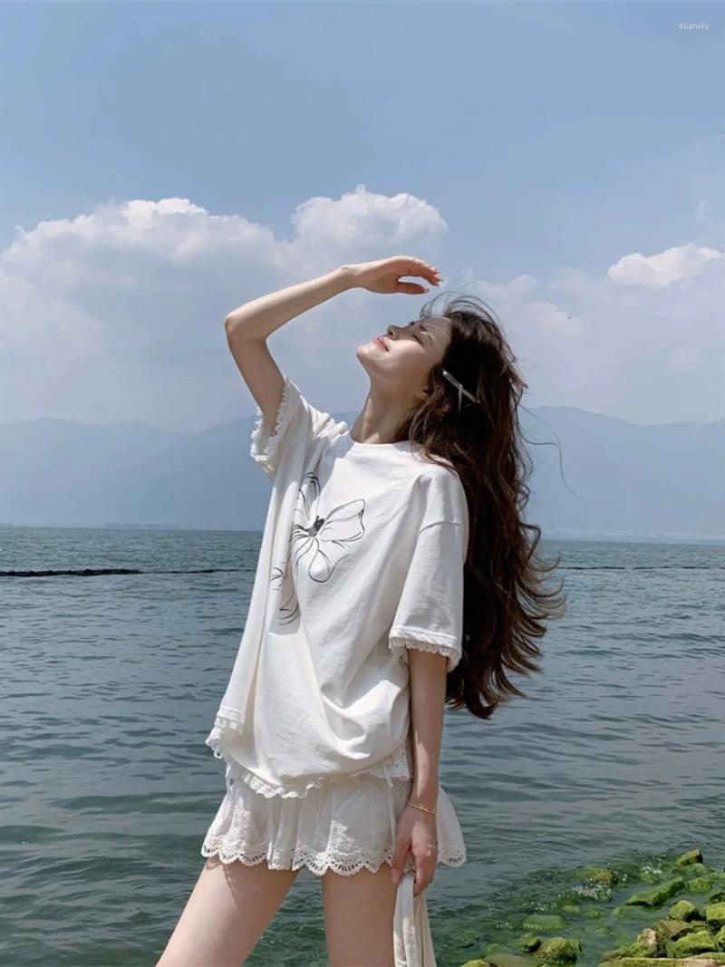 Womens T Shirts Graphic Bow Loose Lace Hem White T-Shirt Women Oversized Top #korean Cloth E-girl Fairycore 2000s Grunge Aesthetic