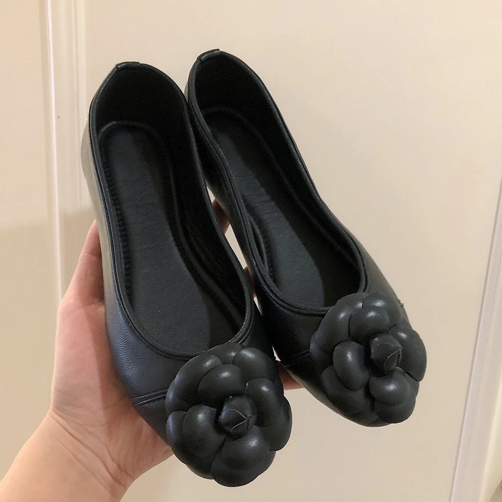 Ballet Flats Women Genuine Leather Soft Foldable Sweet new Camellia Flats Elegant Office Lady Work Shoes Slip-On 2025 Casual Shoes