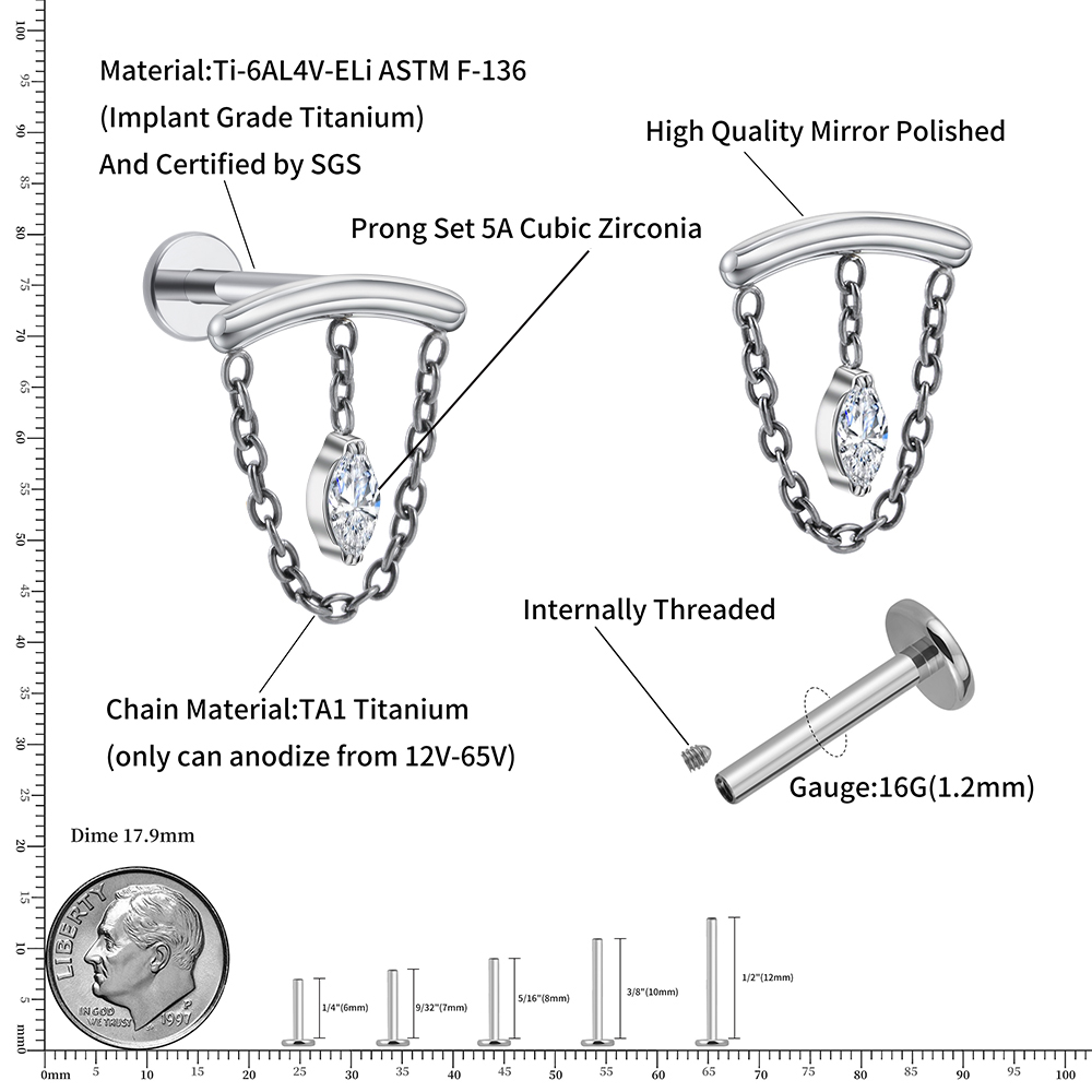 Right Grand ASTM F136 Titanium Hidden Curved Chain Marquise CZ Drape Internally Threaded Cartilage Helix Stud Earring Piercing