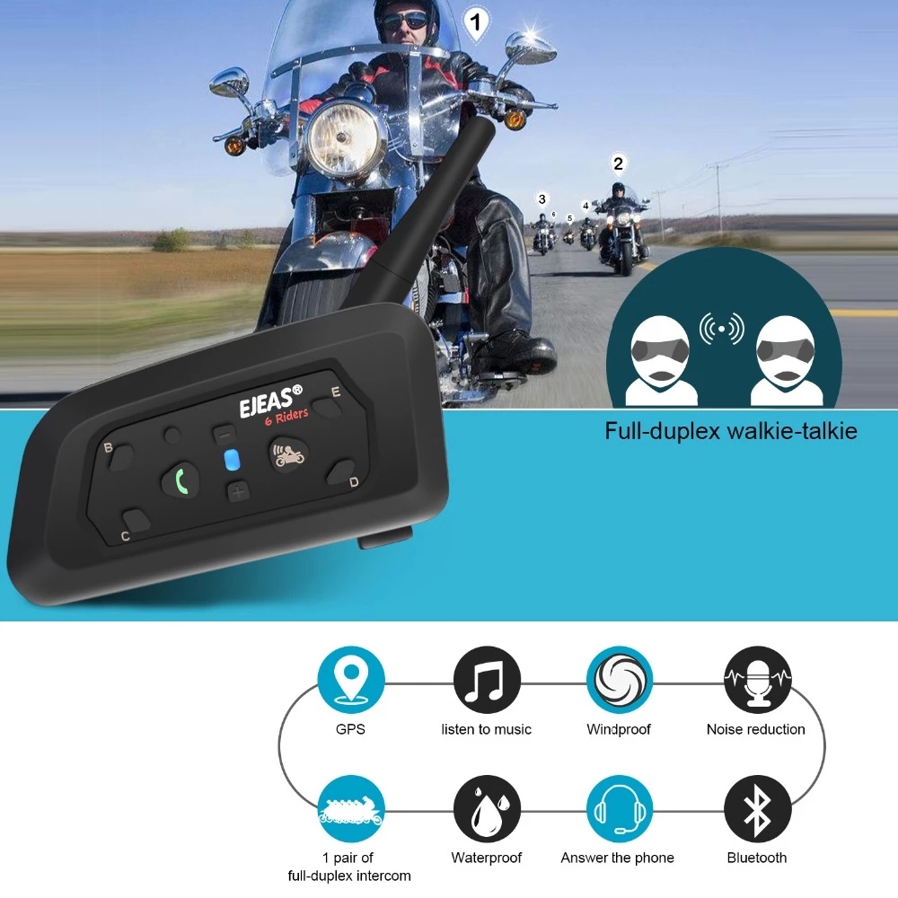 EJEAS V6 Pro Motorcycle Helmet Headset Bluetooth Intercom 850mAh 1200m Interphone for Moto 6 Riders Communicator + Metal Clip