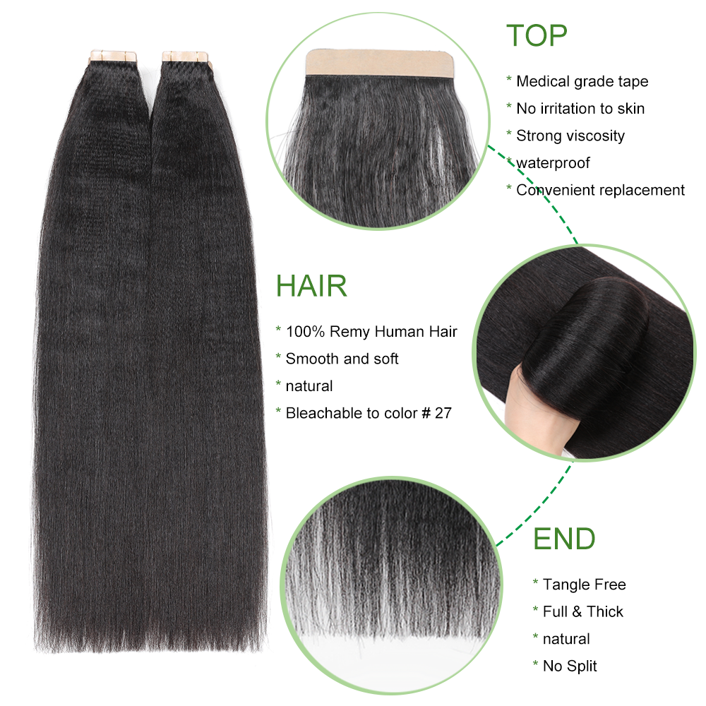 ShowCoco Light Yaki Tape In Human Hair Extensions 12"-26" Yaki Straight Nautral Color Invisible 100% Remy Hair