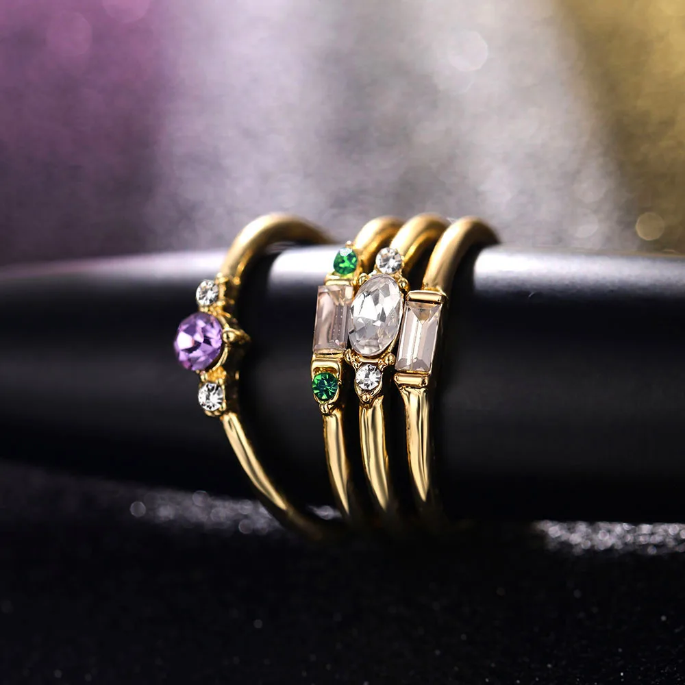 IFMIA 4 Pcs/set Colorful Crystal Gold Color Rings Vintage Women Engagement Party Ring Set for Woman Wedding Jewelry Gifts