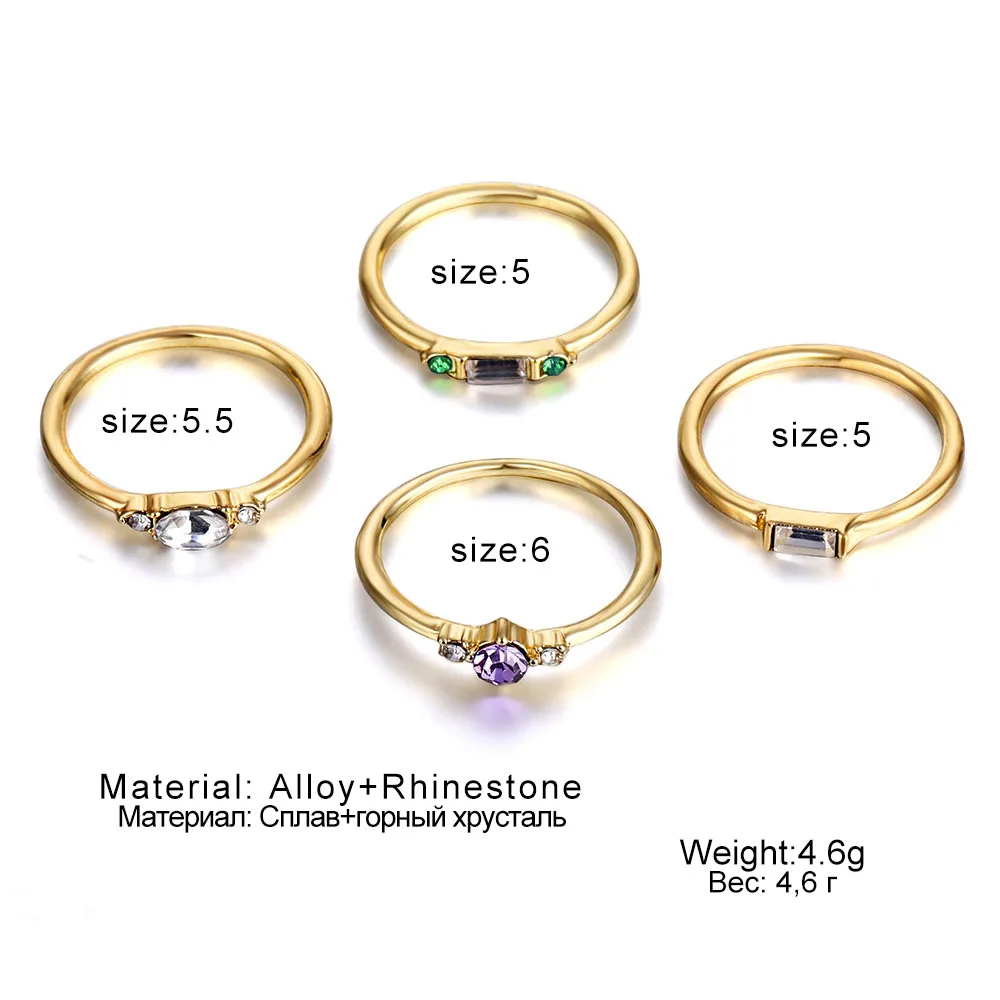 IFMIA 4 Pcs/set Colorful Crystal Gold Color Rings Vintage Women Engagement Party Ring Set for Woman Wedding Jewelry Gifts