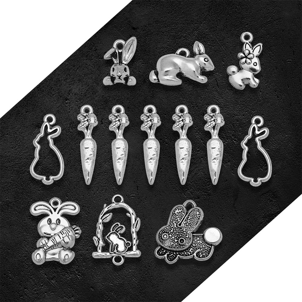 Antique Silver Plated Rabbit Bunny Easter Charms Spring Carrot Pendants For Diy Jewelry Making Findings Supplies Accessories