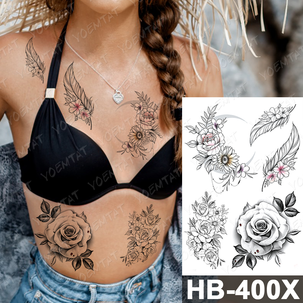 Waterproof Temporary Tattoo Sticker Owl Fox Feather Rose Flower Line Feather Body Art 3D Fake Tatto Men Women Transfer Tattoos