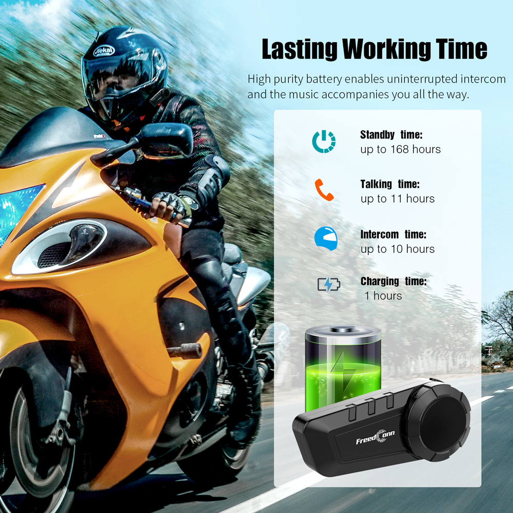 Freedconn Motorcycle Helmet Headset Stereo Bluetooth Intercom Hands Free 6 Riders 1000M Waterproof Music Share FM Speaker