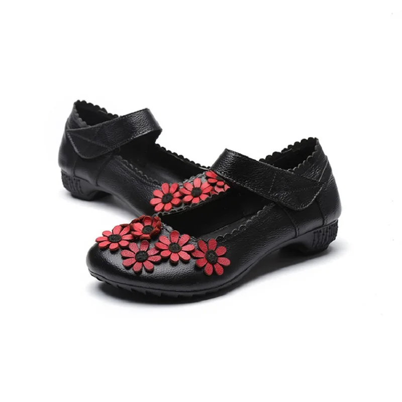 Red Genuine Leather Flats Women's Mary Jane Sandal Shoes new With Straps 2025 Ladies Hook Loop Vintage Shoes Women's Moccasins