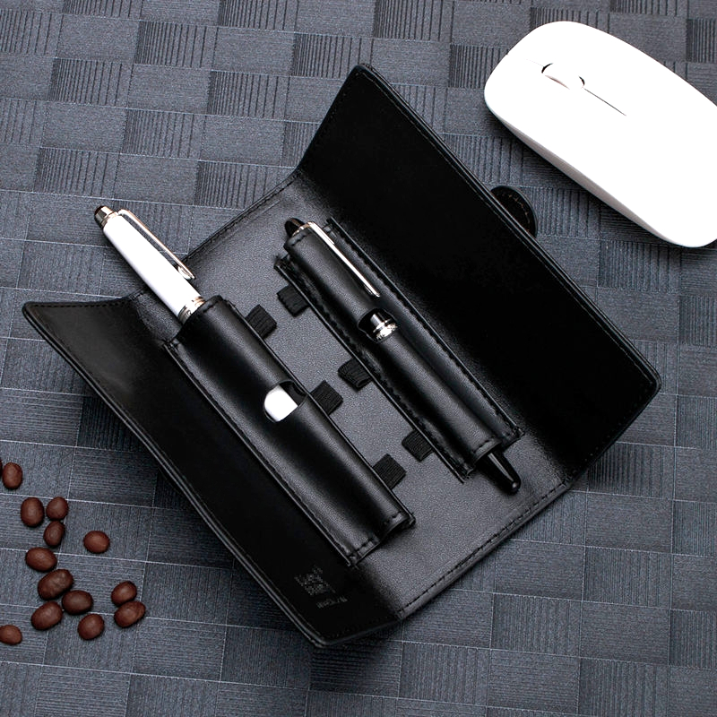 Luxury MB Black Leather Pen Case Single & Double Pens Holder High Quality Office School Stationery Supplies Pencil Bag As Gift