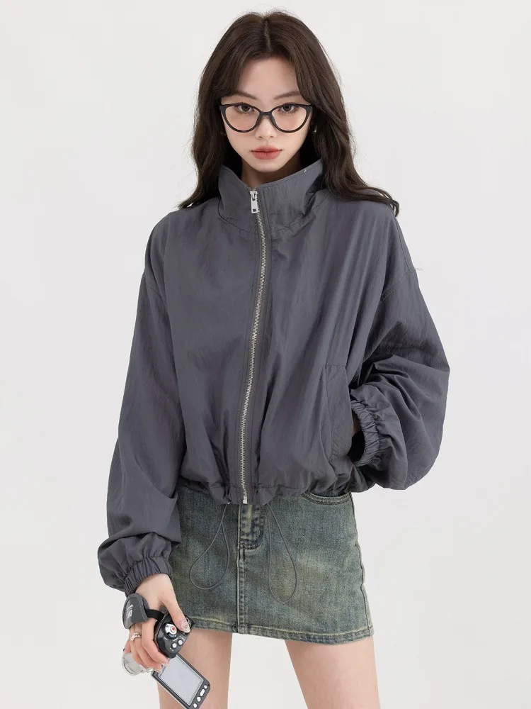 Deeptown Korean Y2K Dark Grey Jackets Women Gorpcore Windbreaker Crop Jacket Female Harajuku Korean Oversize Zip Up Outdoor Tops
