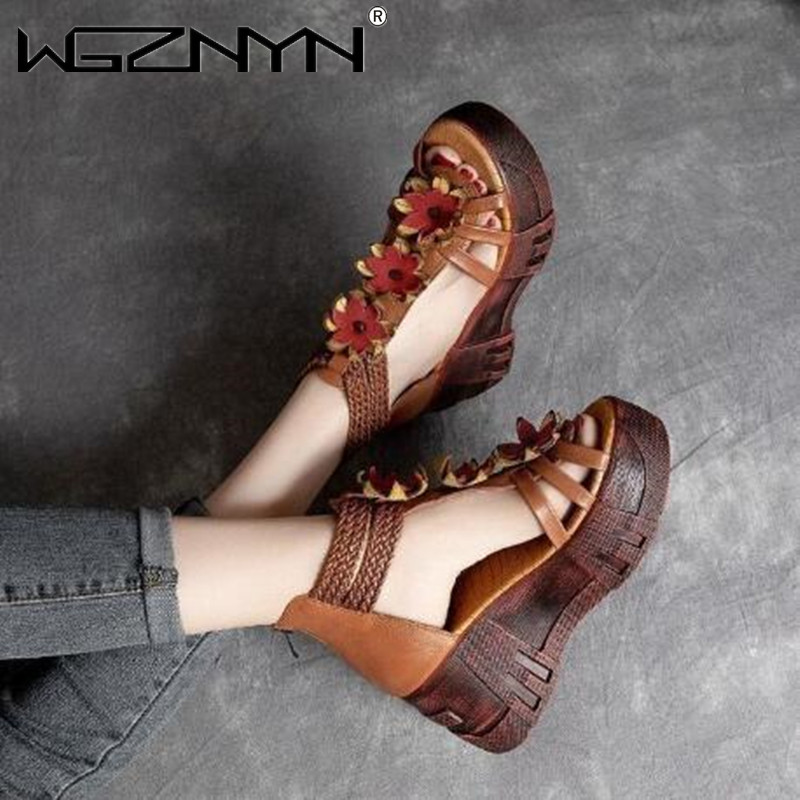 Trending Floral Wedge Sandals for Women Open Toe PU Leather Platform Heels Comfortable Summer Casual Dress Shoes